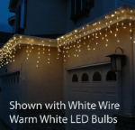 Orange (amber) LED Icicle Lights on White Wire 150 Bulbs