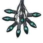 C9 25 Light String Set with Green Bulbs on Black Wire