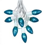C9 25 Light String Set with Teal Bulbs on White Wire