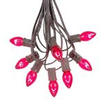 25 Light String Set with Pink Transparent C7 Bulbs on Brown Wire