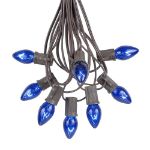 25 Light String Set with Blue Transparent C7 Bulbs on Brown Wire