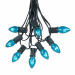 25 Light String Set with Teal Transparent C7 Bulbs on Black Wire