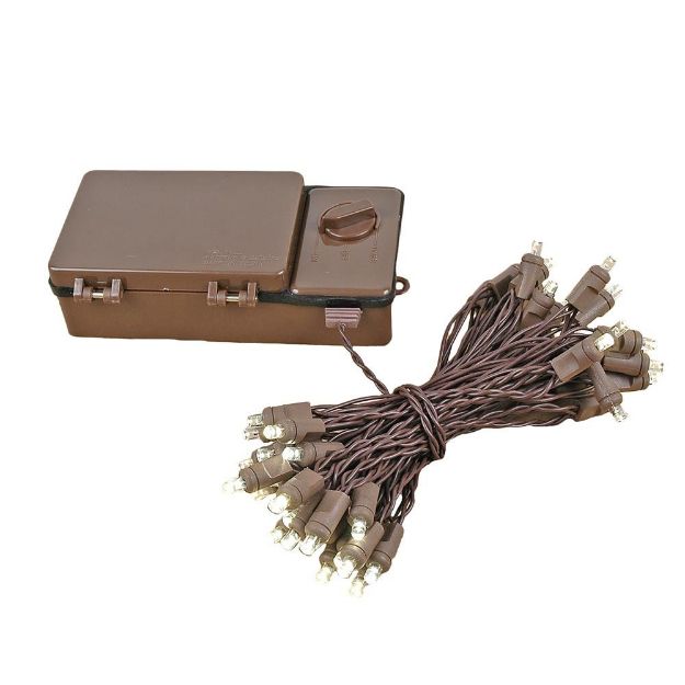 Brown battery case with timer dial attached to a string of warm white mini lights