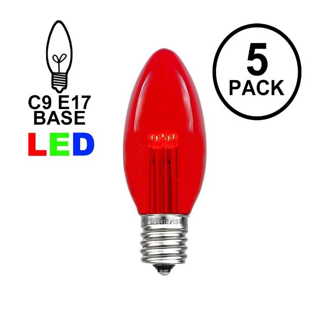 5 Pack Red Smooth Glass C9 LED Bulbs