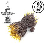 Yellow Christmas Mini Lights 100 Light 50 Feet Long on Brown Wire