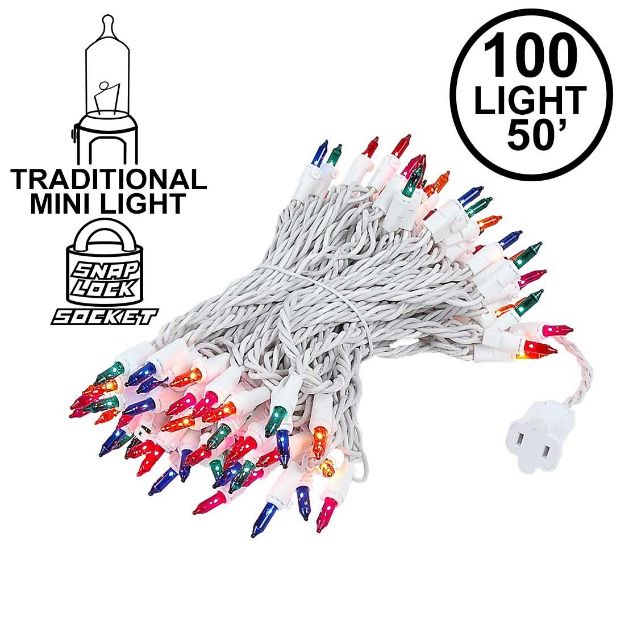 Multi Christmas Mini Lights 100 Light 50 Feet Long on White Wire