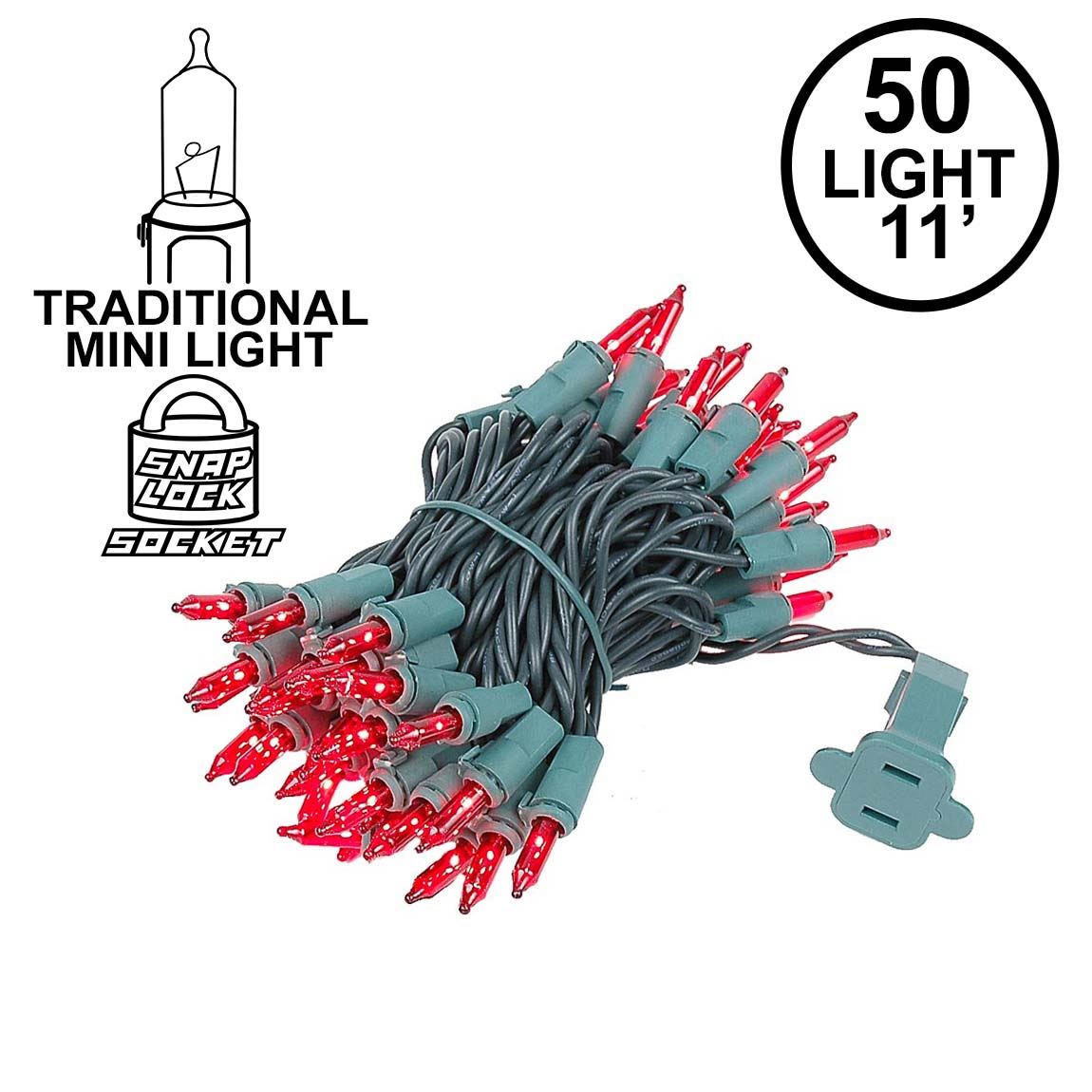 Red Christmas Mini Light Set 50 Light Green Wire 11 Feet Long Novelty