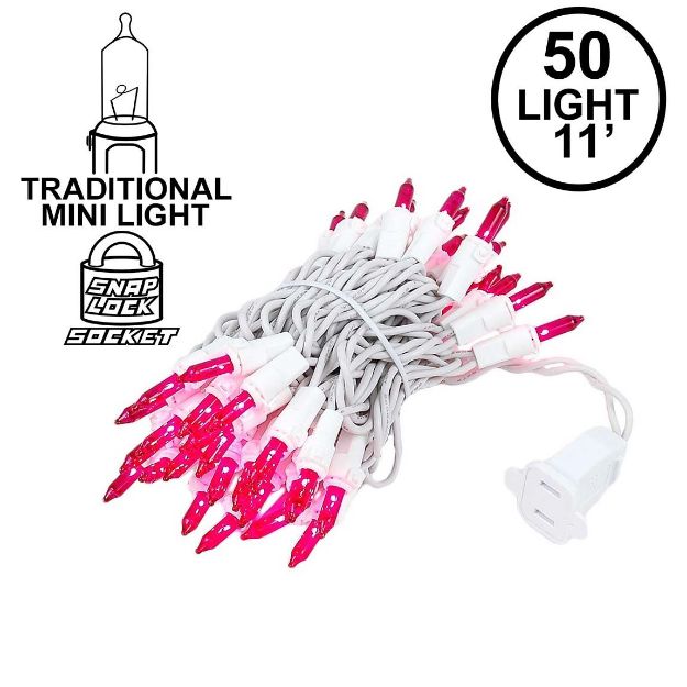 Pink 50 Light 11' Long White Wire Christmas Mini Lights