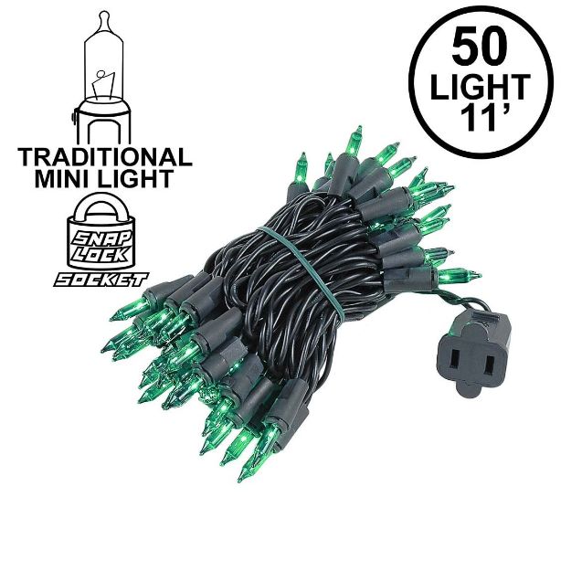 Green Christmas Mini Lights 50 Light on Black Wire 11 Feet Long
