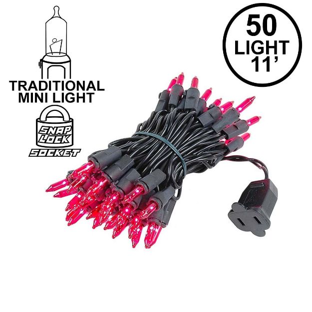 Pink Christmas Mini Lights 50 Light on Black Wire 11 Feet Long