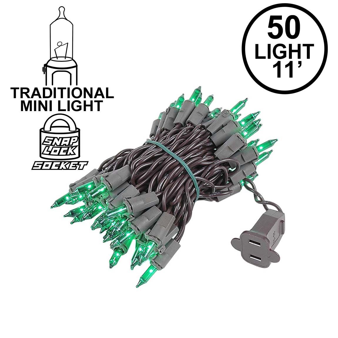 Green Christmas Mini Lights Set 50 Light Brown Wire 11 Feet Novelty