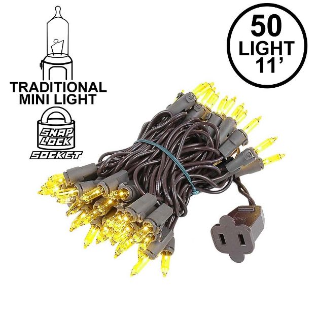 Yellow Christmas Mini Lights 50 Light on Brown Wire 11 Feet Long
