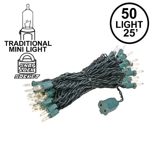 Clear 50 Light 25' Long Green Wire Christmas Mini Lights
