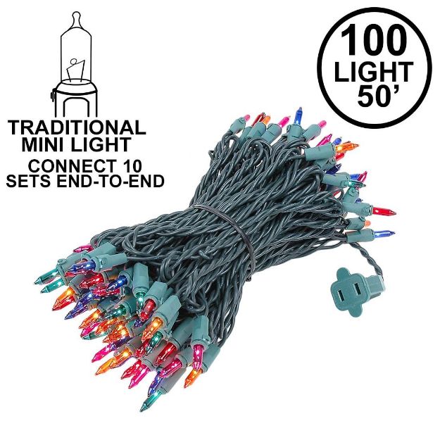 Connect 10 Multicolor Christmas Mini Lights, 100 Light, 50 Feet Long, Green Wire