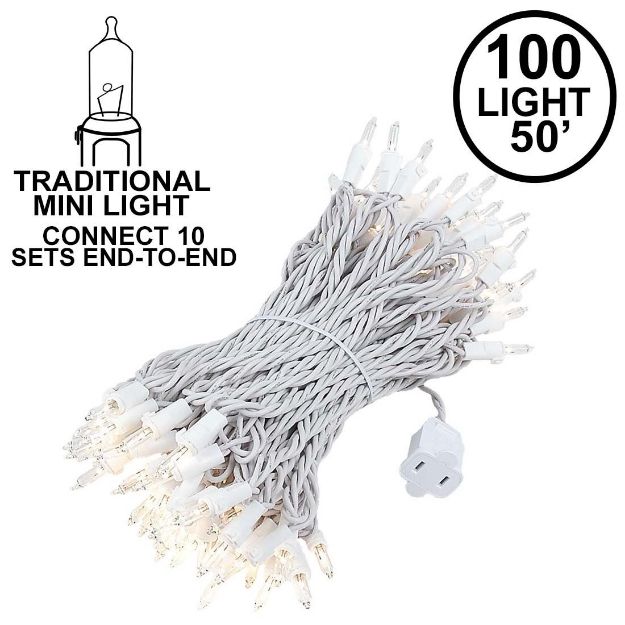 White Wire Connect 10 Christmas Mini Lights, Clear, 100 Light, 50 Feet Long, 