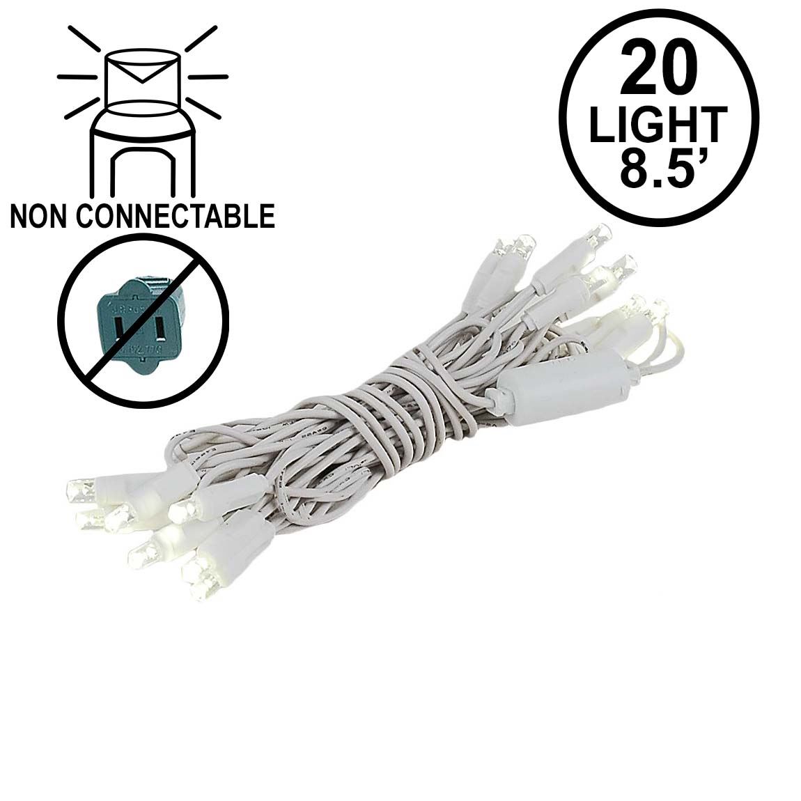 20 Light Warm White LED Christmas Light Set NonConnectable White Wire
