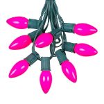 C9 25 Light String Set with Ceramic Pink Bulbs on Green Wire