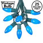 C9 25 Light String Set with Ceramic Blue Bulbs on Green Wire