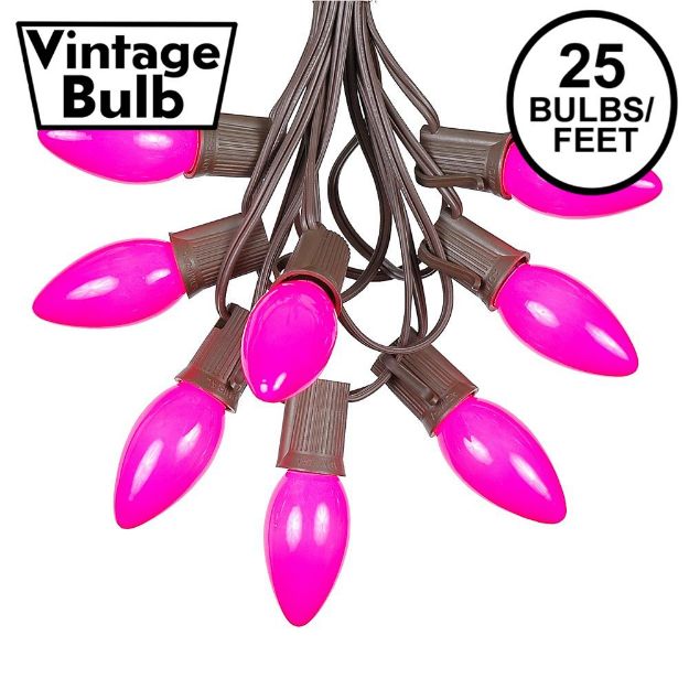 C9 25 Light String Set with Ceramic Pink Bulbs on Brown Wire