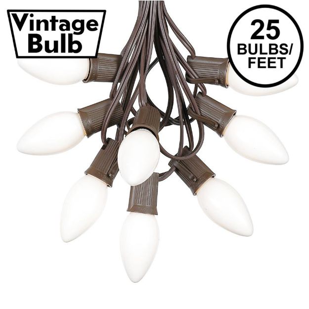 C9 25 Light String Set with Ceramic White Bulbs on Brown Wire