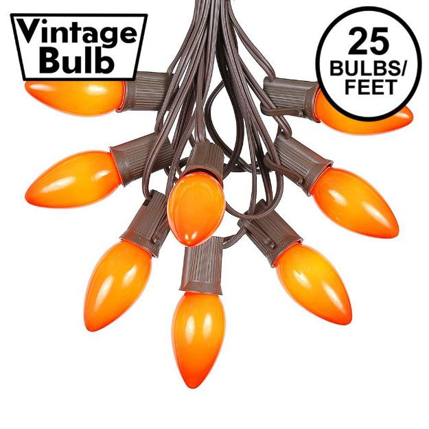 C9 25 Light String Set with Ceramic Orange Bulbs on Brown Wire