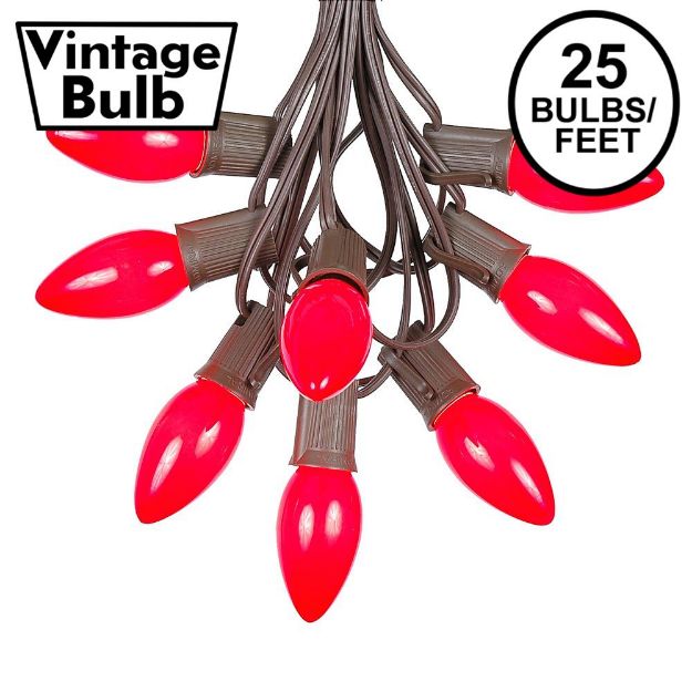 C9 25 Light String Set with Ceramic Red Bulbs on Brown Wire