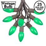C9 25 Light String Set with Ceramic Green Bulbs on Brown Wire