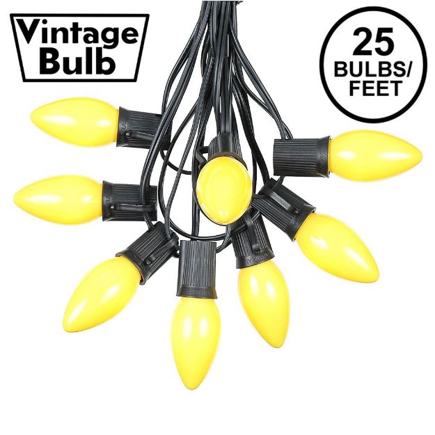 C9 25 Light String Set with Ceramic Yellow Bulbs on Black Wire