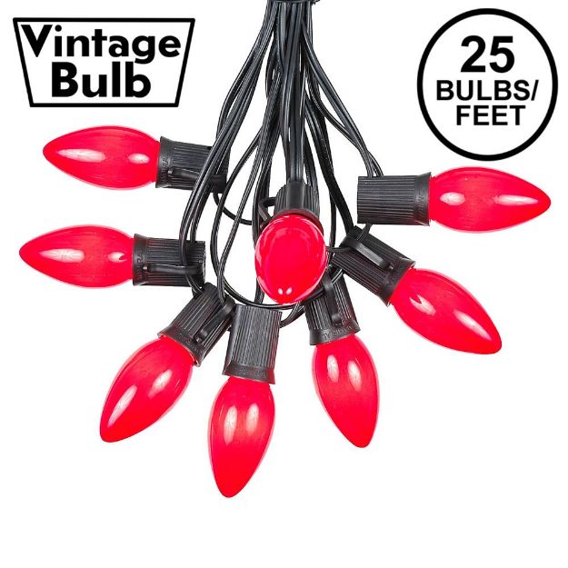 C9 25 Light String Set with Ceramic Red Bulbs on Black Wire