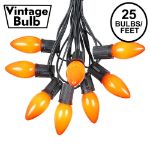 C9 25 Light String Set with Ceramic Orange Bulbs on Black Wire