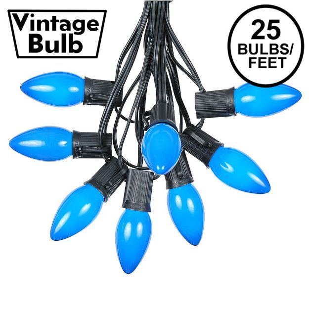C9 25 Light String Set with Ceramic Blue Bulbs on Black Wire