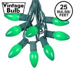 C9 25 Light String Set with Ceramic Green Bulbs on Green Wire