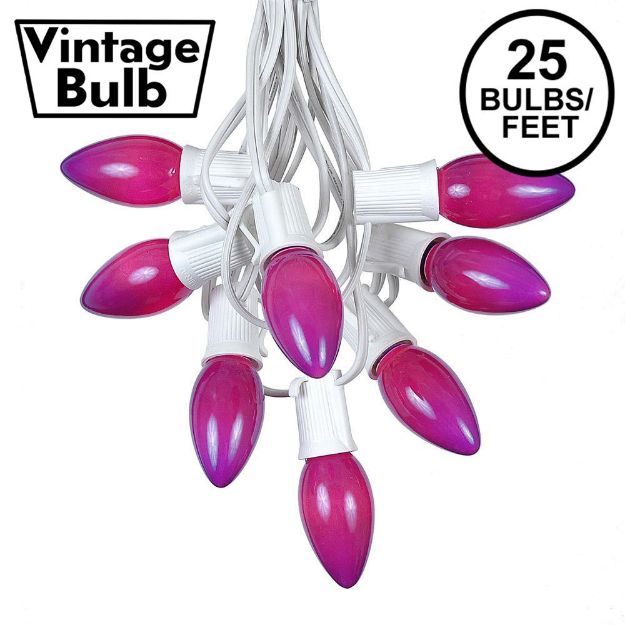 C9 25 Light String Set with Ceramic Purple Bulbs on White Wire