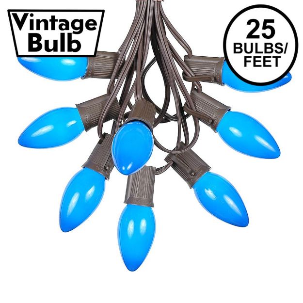 C9 25 Light String Set with Ceramic Blue Bulbs on Brown Wire