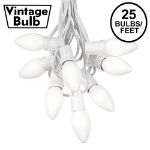 C9 25 Light String Set with Ceramic White Bulbs on White Wire