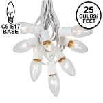 C9 25 Light String Set with Clear Bulbs on White Wire