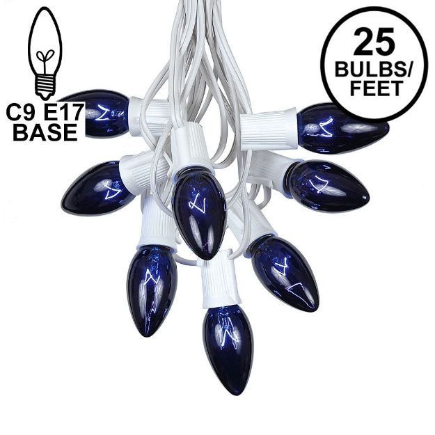 C9 25 Light String Set with Blue Bulbs on White Wire