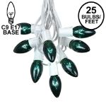 C9 25 Light String Set with Green Bulbs on White Wire