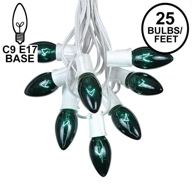 C9 25 Light String Set with Green Bulbs on White Wire