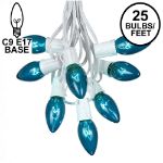C9 25 Light String Set with Teal Bulbs on White Wire