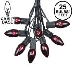 C9 25 Light String Set with Black Light Very Dark Purple Bulbs on Black Wire