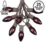 C9 25 Light String Set with Black Light Very Dark Purple Bulbs on Brown Wire