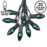 C9 25 Light String Set with Green Bulbs on Black Wire