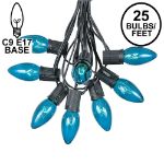 C9 25 Light String Set with Teal Bulbs on Black Wire