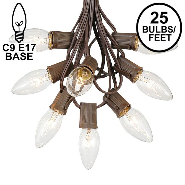 C9 25 Light String Set with Clear Bulbs on Brown Wire