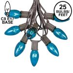 C9 25 Light String Set with Teal Bulbs on Brown Wire