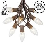 25 Twinkling C9 Christmas Light Set - Clear - Brown Wire