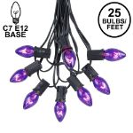25 Light String Set with Purple Transparent C7 Bulbs on Black Wire