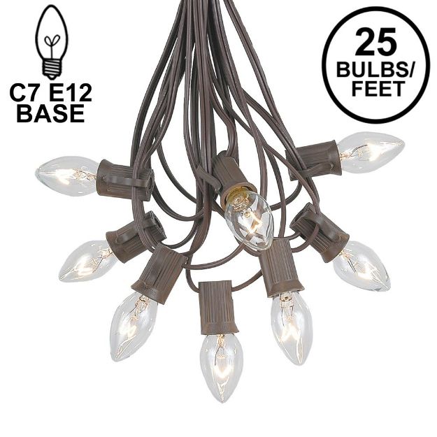 C7 25 Light String Set with Clear Twinkle Bulbs on Brown Wire