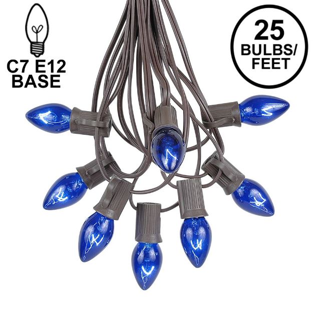 C7 25 Light String Set with Blue Twinkle Bulbs on Brown Wire